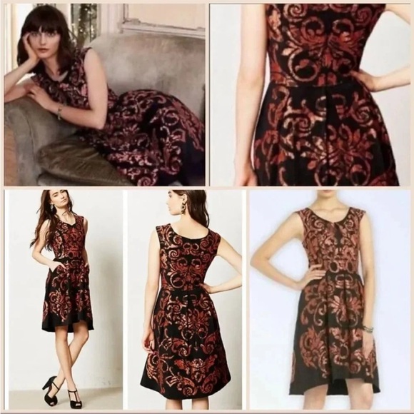 Yoana Baraschi black orange/copper metallic floral lace fit & flare dress size 2 - Picture 3 of 16